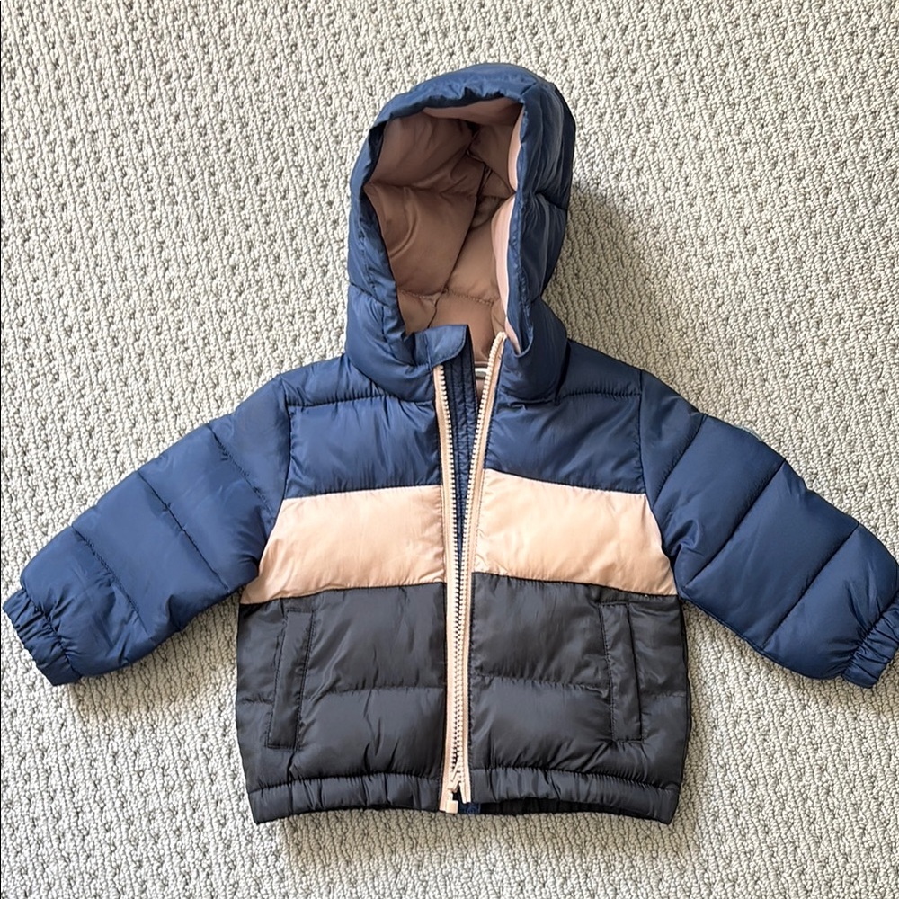 Colorblock Hooded Puffer Jacket for Kids in Navy, Blush & Charcoal